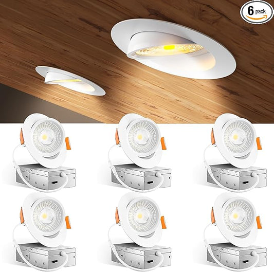 Amico 6 Pack 4 Inch 5CCT Gimbal LED Recessed Lighting, 360°&90° Adjustable Eyeball Directional Downlight, Dimmable, 2700K/3000K/3500K/4000K/5000K Selectable, CRI90+ 9W 700LM, ETL&FCC