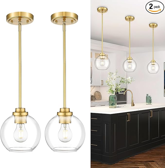 Modern Polished Gold Pendant Light, Mid Century Globe Hanging Light Fixture with Clear Glass for Kitchen Island Dining Room Bedroom Hallway Foyer (2 Pack), PL101BG-2PK
