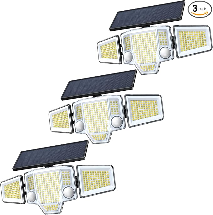 2026 Motion Sensor Solar Lights Outdoor, 4000LM Solar Flood Lights with Dual PIR & Curved 300° Wide Beam, Larger 3500mAh Adjustable Solar Security Spot Lights Waterproof for Yard-3Pack Black
