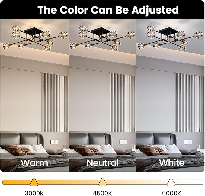 8-Light Crystal Ceiling Light Fixture Black and Gold Semi Flush Mount Ceiling Light Modern Chandeliers for Dining Room Kitchen Island Living Room Bedroom