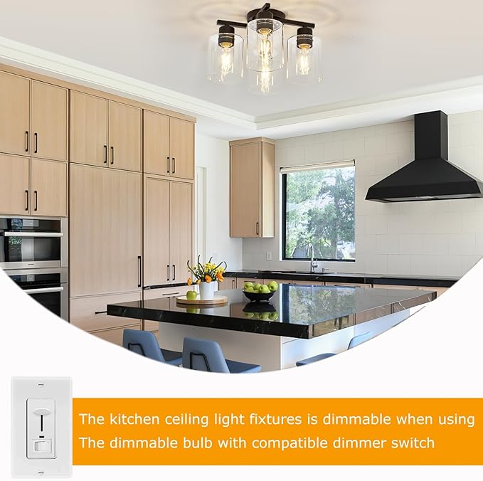 Kitchen Lighting Fixtures Ceiling, Black Semi Flush Mount Ceiling Light, 4 Light Kitchen Light Fixtures Cieling Lights with Clear Glass Shade for Bedroom Foyer Farmhouse Hallway