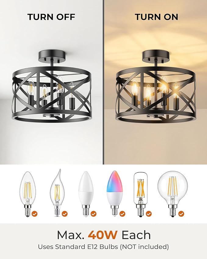 Matane Semi Flush Mount Ceiling Light, 4-Light 12inch Farmhouse Modern Light Fixture with X-Shape Cage, Industrial Rustic Ceiling Lamp for Kitchen, Dining Room, Bedroom, Hallway, Laundry Room, Black