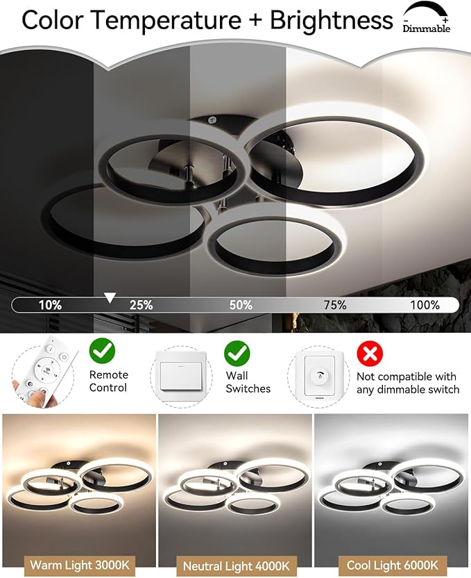 4 Ring Modern LED Ceiling Light Fixture with Remote Control, 3000K-6500K 3-Color Black Dimming Circle Modern Ceiling Light for Bedroom Kitchen Living Room