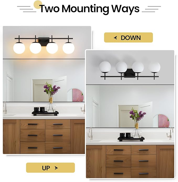 AIJIASI Bathroom Lighting Fixtures Over Mirror, 4-Light Matte Black Vanity Light, 30.7 Inch Modern Bathroom Light Fixtures with Milky White Glass Globe Shade Bath Vanity Lighting Fixtures Wall Sconce