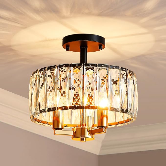 AGV LIGHTING CL003BB K9 Crystal Ceiling Light Fixture, Modern Semi Flush Ceiling Lights, Perfect for Living Room, Bedroom, Dining Room, D13 x H15, 3-Light Shine Gold & Matte Black Finish