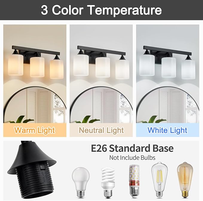 ZHU YAN Black Bathroom Vanity Lights,3-Light Bathroom Light Fixtures Over Mirror with White Frosted Glass Shades,Wall Lamp Vanity Lights for Mirror Living Room Bedroom E26 Socket