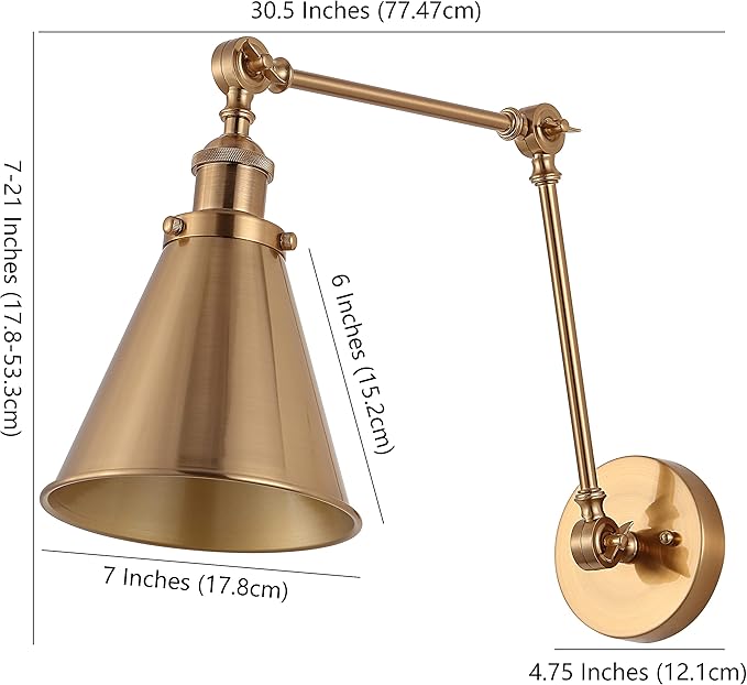 JONATHAN Y 7" Brass Gold Classic Industrial Metal Adjustable Arm LED Wall Sconce for Bedside Reading, Farmhouse Swing Arm Wall Lamp with Metal Shade, Hardwired (JYL7461A-SET2)