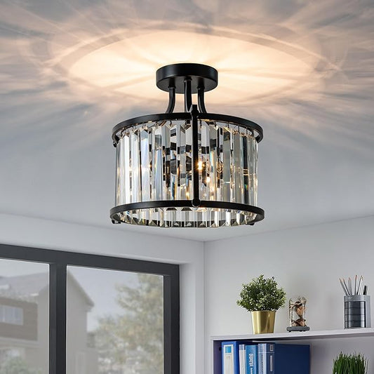 KSRYSZCQ Black Crystal Ceiling Light 3-Light Flush Mount Ceiling Light Fixture 12.59" E12 Bulb Round Hallway Lighting Fixtures for Kitchen Entryway Bedroom Bathroom