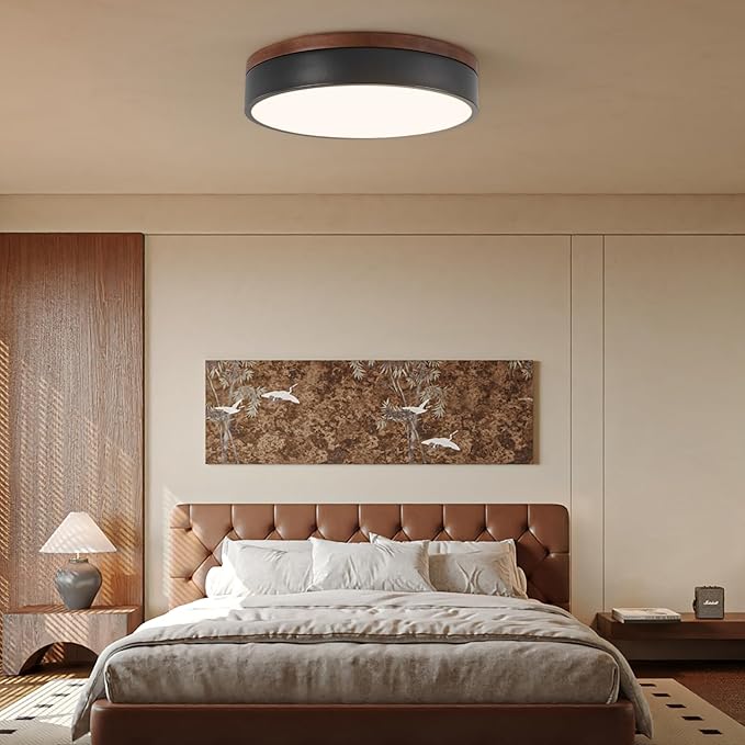 Led Flush Mount Ceiling Light: 11.8" Modern Dimmable Black Walnut Wood Low Profile Farmhouse Close to Ceiling Light Fixture - Round Minimalist Simple Flat Overhead Lighting for Bedroom Laundry Kitchen