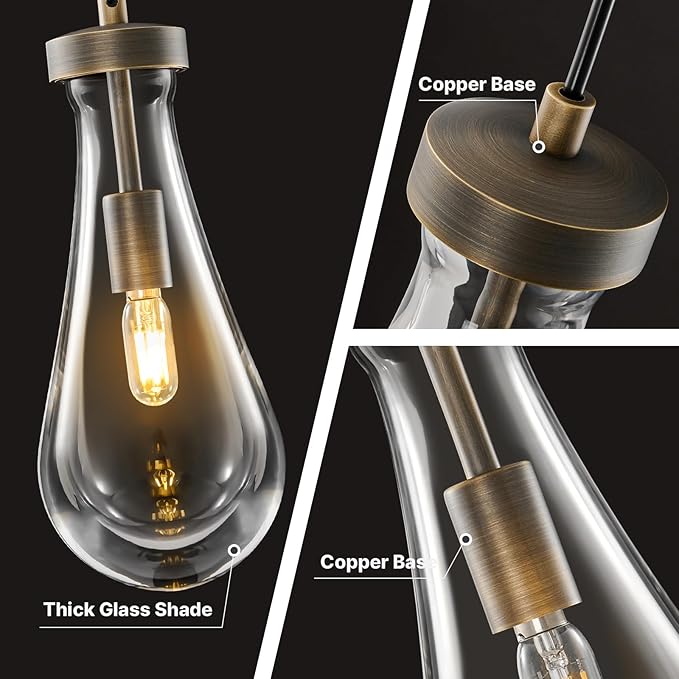Raindrop Pendant Lights Kitchen Island: Set of 2 Vintage Copper Teardrop Pendants Light - Crystal Hanging Light over Dining Table - Raindrops Lights Fixture for Bedroom Kitchen Island Bulbs Included