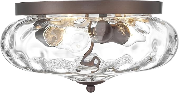 Darkaway Large Ceiling Light Fixtures, 3-Light Flush Mount Ceiling Light with Water Ripple Glass Shade for Indoor Outdoor Hallway Kitchen Bedroom Porch Living Room Oil-Rubbed Bronze Finish
