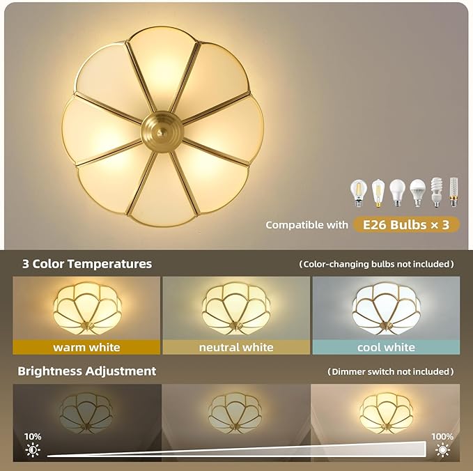 Gold Vintage Brass Ceiling Light - Small 11.8 Inch Milk Glass Mid Century Flush Mount Lighting Fixtures - Art Deco Antique Modern Lamp for Hallway Bedroom Kitchen Entryway Laundry Foyer Bathroom Hall