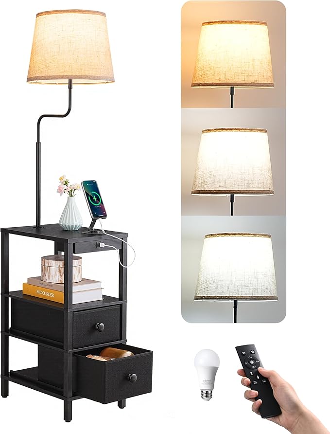 EDISHINE Floor Lamp with Table, USB-A+Type-C Port, Dimmable Bedside Floor Lamp with Shelves, Farmhouse Remote Nightstand Light for Living Room, Bedroom, Den, Office, Kids Room, Bulb Included, Black