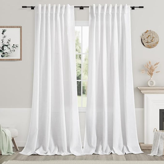 Nanspring White Linen Curtains 2 Panels Set for Living Room Extra Long Back Tab Curtains 103 Inches Long Farmhouse Semi Sheer Light Filtering Linen Drapes Ceiling to Floor for Large Window 52x103