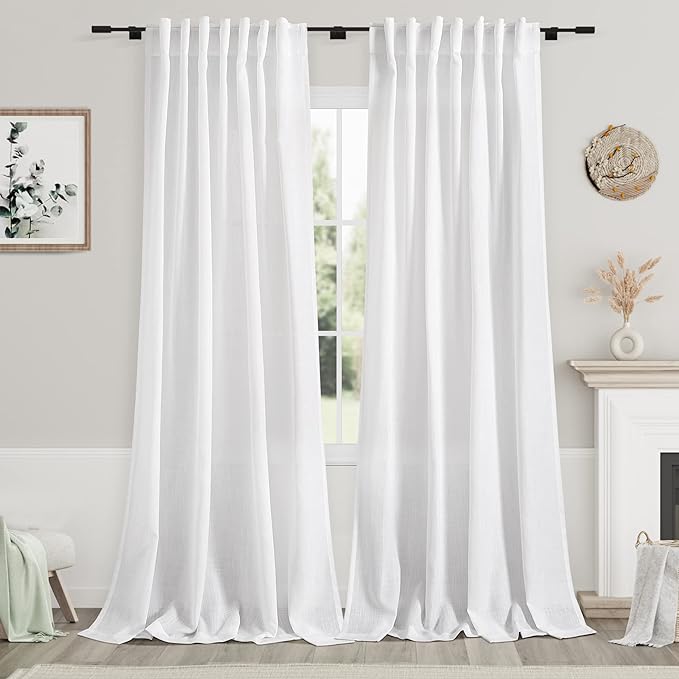 Nanspring White Extra Long Curtains 2 Panels Set 116 Inches Long for Dinning Room Back Tab Rod Pocket Light Filtering Semi Sheer Drapes Linen Textured Window Curtain for Bedroom 52x116