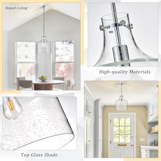 CATINER 12" Chrome Seeded Glass Pendant Light, Modern Farmhouse Hanging Ceiling Light Fixture for Kitchen Island, Dining Room, Hallway, Hand-Blown Bubble Glass Shade, E26 Dimmable Pendant Lighting