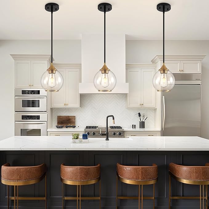 Pendant Lights Kitchen Island,Farmhouse Black and Gold Pendant Light with Clear Glass Globe Shade,6.29" Glass Pendant Light for Finish Farmhouse Entryway Dining Room Kitchen Island 1 Light