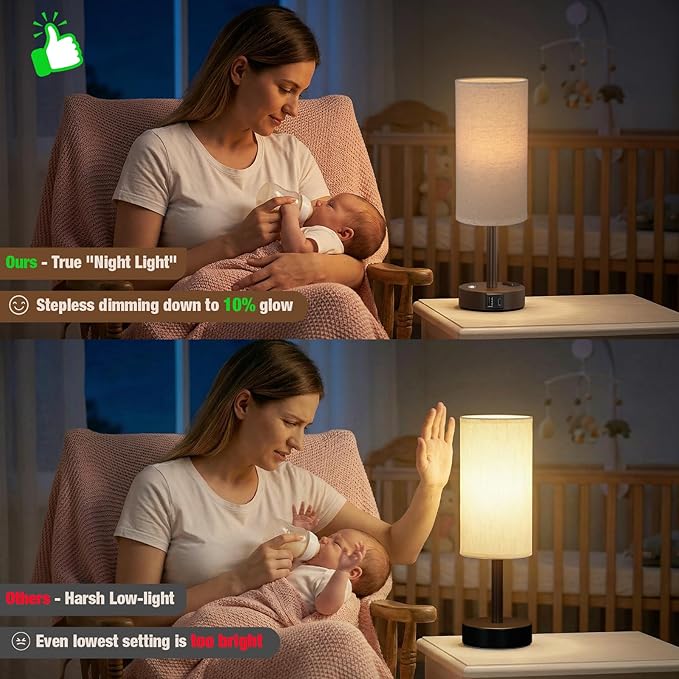 Touch Bedside Table Lamp with Memory - Stepless Dimmable Lamp for Bedroom, Small Nightstand Lamp with Dual USB Charging Ports and AC Outlet, Wood Night Light, Deak Lamp for Nursery (Beige & Brown)