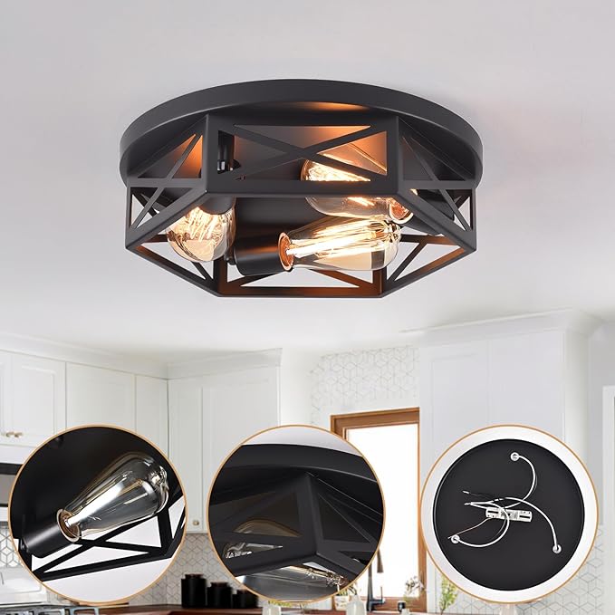 Black Flush Mount Ceiling Light,Hallway Light Ceiling Mount,Industrial Vintage Metal Cage Close to Ceiling Lights for Kitchen,Farmhouse,Bedroom