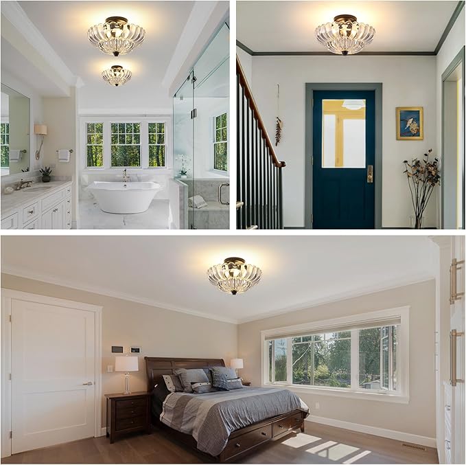 Semi Flush Mount Ceiling Light, 11.8 Inch Black Vintage Hallway Light Fixture with Transparent Glass, Close to Ceiling Light for Bedroom Kitchen Living Room Bathroom Foyer, E26 Base