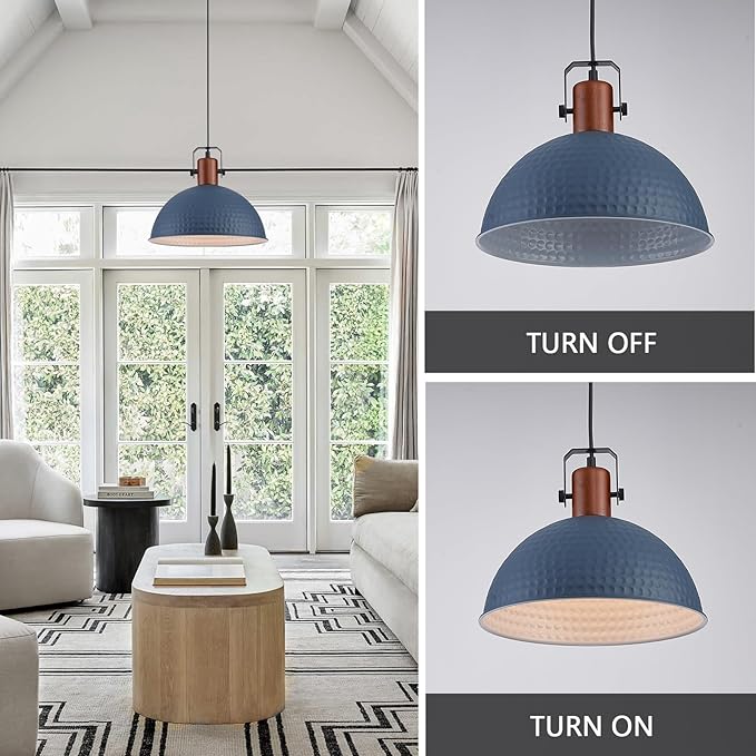 12 Inch Blue Pendant Lights Hammered Matte Pendant Lights for Kitchen Island Industrial Farmhouse Adjustable Height Dome Hanging Light Fixtures for Barn, Dining Room 3 Packs