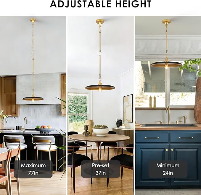 Black Pendant Light 15.7in Pendant Lights Modern Kitchen Island Pendant Light Fixture with Adjustable Black Gold Industrial Pendant Lighting for Dining Room Kitchen Sink, E26