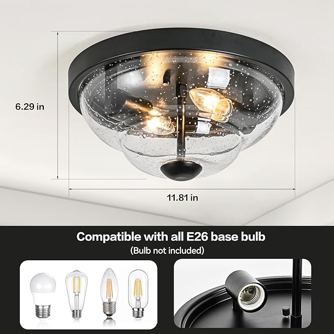 Flush Mount Ceiling Light Fixtures, 2-Light Ceiling Mount for Farmhouse with Seeded Glass Lampshade, Industrial Flush Mount Light Fixture Farmhouse for Hallway, Kitchen, Entryway,Bedroom