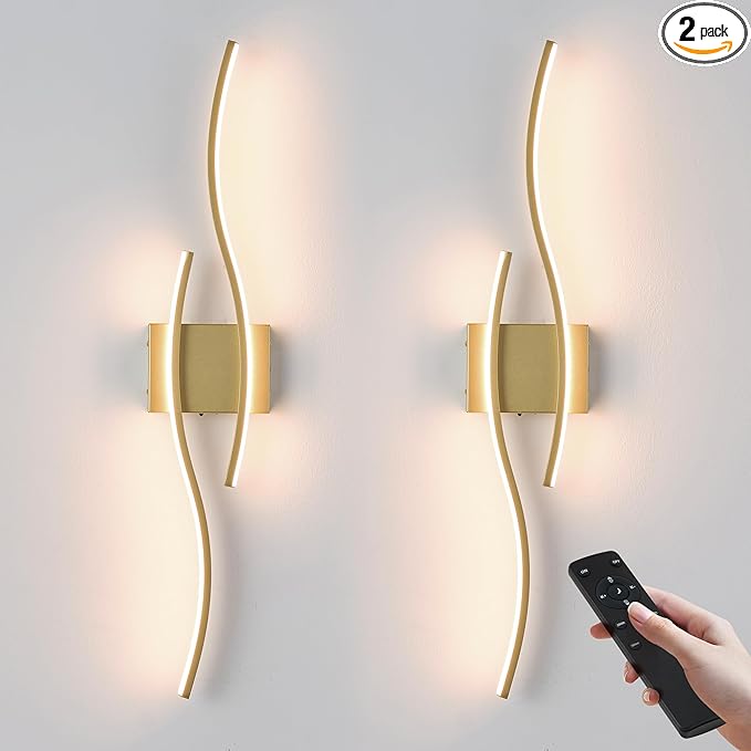 KARTOOSH Battery Operated Wall Sconces Set of Two with Remote Control, Dimmable/3 Colors/Night-Light/Timer/Memory, Gold Modern Wireless LED Sconce for Living Room, Hallway, Bedroom, 27.5 Inch (2 Pack)