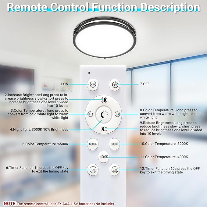 libtit 16Inch Flush Mount Ceiling Lights with Remote, 36W Dimmable LED Ceiling Light 3000K-6500K Adjustable, Large & Bright Black Light Fixture for Kitchen Bedroom LivingRoom -1Pack