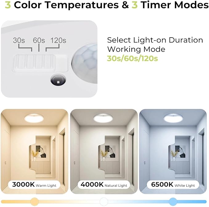 hepside 2 Pack Motion Sensor Ceiling Light Wired, 3000K/4000K/6500K LED Flush Mount Ceiling Light Fixture, 12Inch 24W Motion Sensor Light with Timer for Closet Stair Porch Hallway Pantry,White