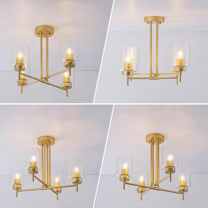 4-Light Modern Sputnik Chandelier Gold Sputnik Semi Flush Mount Ceiling Light with Striped Glass Shade for Living Room Dining Room Kitchen Island Bedroom Hallway Entryway Foyer