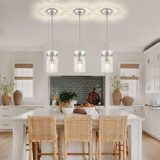 Brushed Nickel Pendant Lights Kitchen Island, Modern Hand-Blown Glass Kitchen Hanging Lights Fixture Over Island Adjustable Mini Pendan Lighting for Hallway Entryway Bathroom Foyer Dining Room