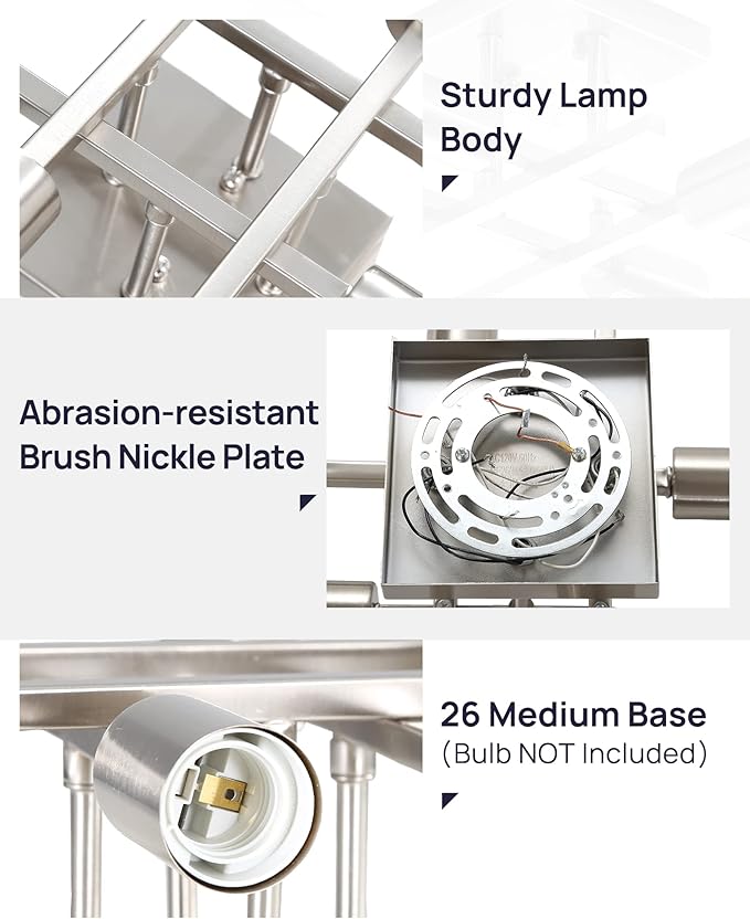 Industrial 4-Light Semi Flush Mount Ceiling Light Fixture, 3 Pack Modern Brushed Nickel Chandelier Lighting, Farmhouse Sputnik Ceiling Lamp, E26 Base Pendant Lamps