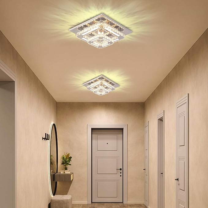 FRIXCHUR 12" Crystal Ceiling Light Crystal Chandelier LED Square Flush Mount Ceiling Light 2-Layer K9 Crystal Ceiling Fixture for Bedroom Living Room Dining Room Hallway Staircase Kitchen Closet