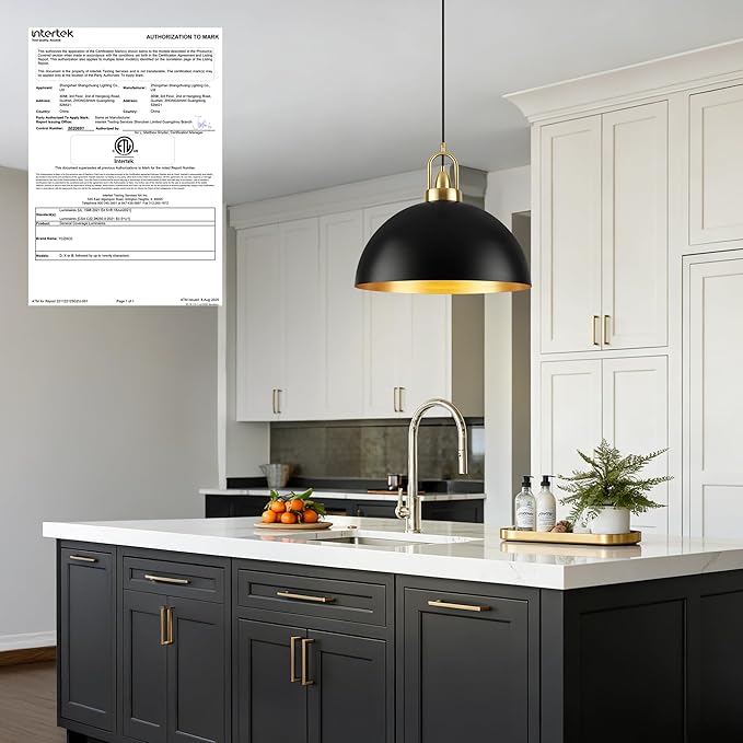 16'' Black Dome Pendant Light, Modern Farmhouse Pendant Light Fixture, Large Hanging Ceiling Pendant Lighting for Kitchen Island Dining Room Foyer Hallway Bar Cafe