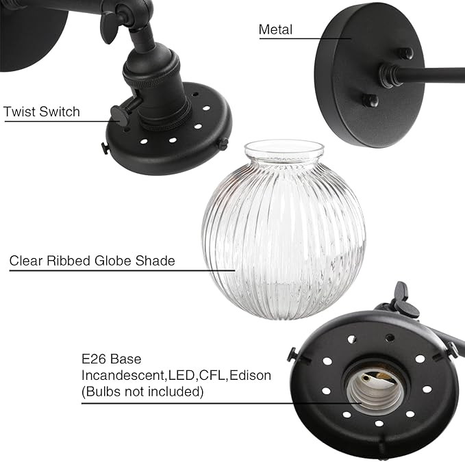 PERMO Vintage Industrial Wall Sconce Matte Black Single Wall Sconces with 5.9" Round Clear Globe Ribbed Glass Shade Hardwired Wall Light for Bedroom Livingroom Office
