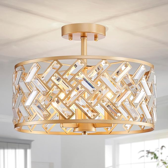 AGV LIGHTING Gold Semi Flush Mount Ceiling Light Fixture, Crystal Chandelier Ceiling Lighting Fixture for Bedroom, Kitchen, Hallway