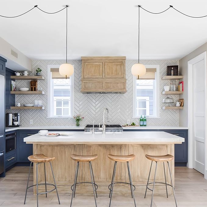 16ft Mid Century Pendant Light Fixture, White Frosted Glass Globe Hanging Light with Dimmable Switch and Plug for Kitchen Island, Dining Room, Bedroom Room, Living Room