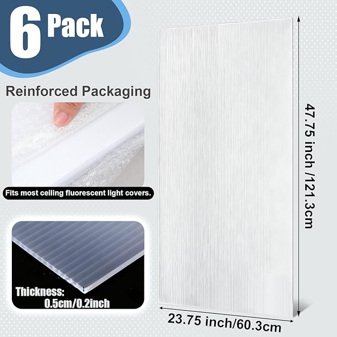 Pushglossy 6 Pack 23.75" x 47.75" x 0.2" Fluorescent Light Covers Polycarbonate Diffuser Panels Replacement for 2x4ft Drop Ceiling Light Fixture for Classroom Office Commercial Use (Clear)