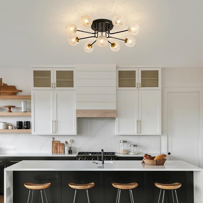 Sputnik Semi Flush Mount Ceiling Light Black Glass Globe Ceiling Lighting Modern Close to Ceiling Light for Living Room Dining Room Bedroom Kitchen