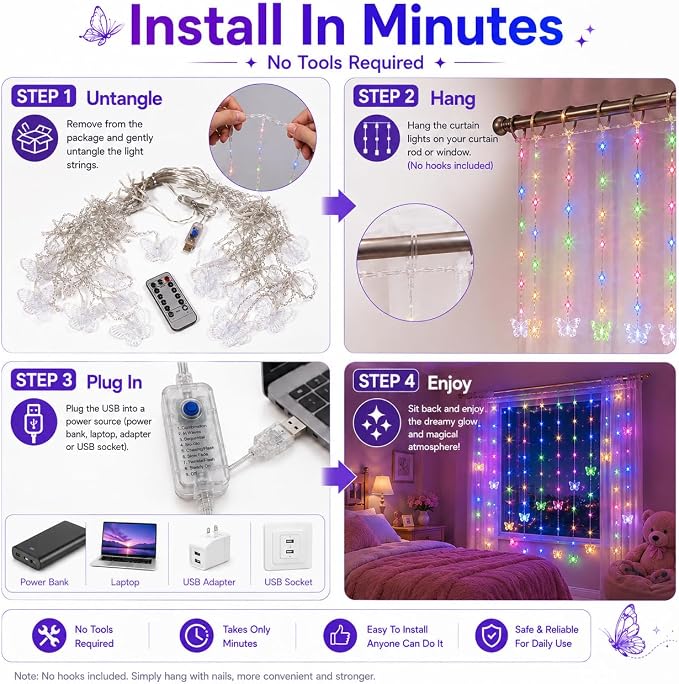 Butterfly Curtain Fairy Lights USB Plug in,8 Modes 120 LED 20FT Firefly Twinkle Timer String Lights with Remote for Bedroom Patio Christmas Wedding Party (Multi-Colored(Pink))