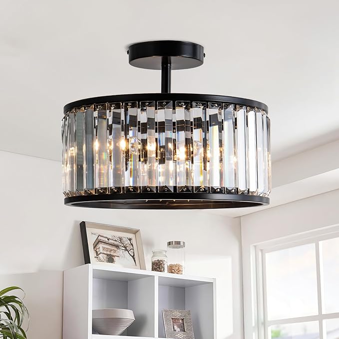 KSRYSZCQ Black Hallway Ceiling Light 3-Light Crystal Ceiling Light Modern Semi Flush Mount Light Fixture for Kitchen Bathroom Foyer