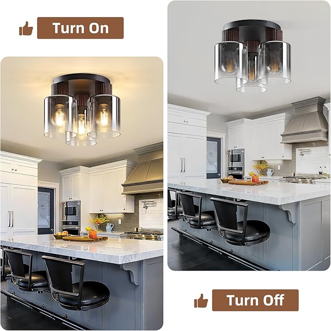 3-Lights Semi Flush Mount Ceiling Light Fixture, Matte Black Modern Close to Ceiling Light for Kitchen, Foyer, Entryway, Hallway, Dining Room, Gray Gradient Glass Shade with Walnut Wood