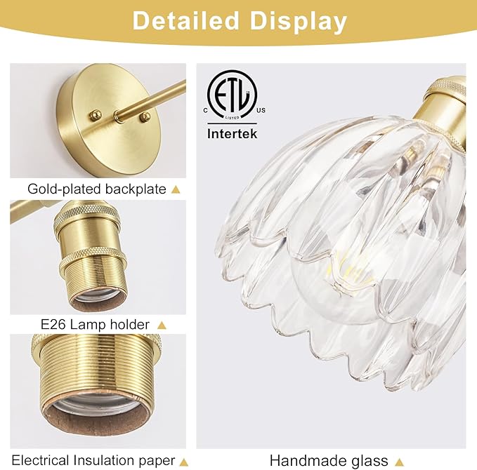 Hardwired Wall Sconces Set of Two, Vintage Wall Lights with Clear Tulip Glass Lampshade, Gold Wall Lamps for Bedroom Bedside Stairway Bathroom Living Room (Bulbs Not Included, Not Battery Powered)