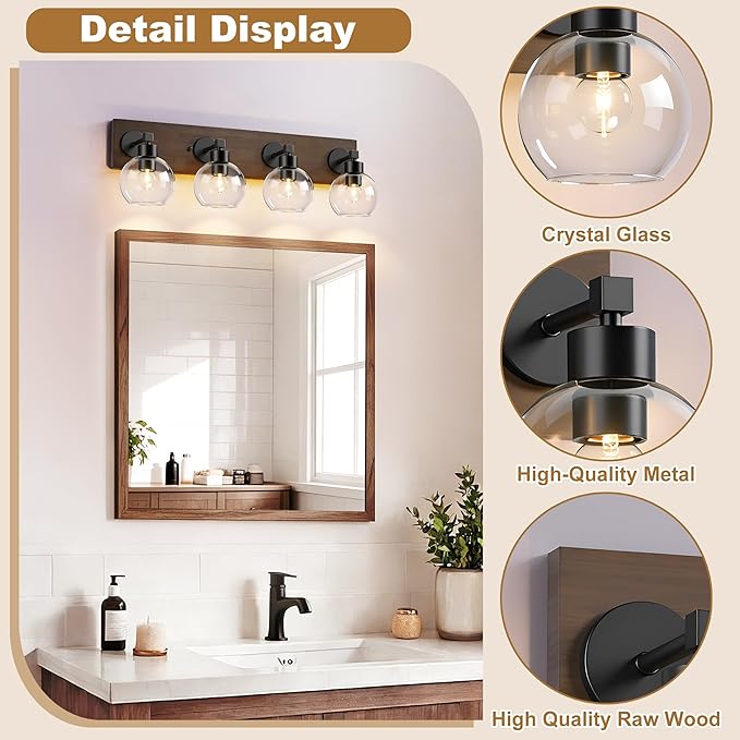 Farmhouse Bathroom Vanity Light Fixtures, Bathroom Light Fixtures Over Mirror,4-Light Rustic Black Wood Wall Sconces, Vintage Vanity Light for Bathroom with Clear Glass Shade (Black, 4-Light)