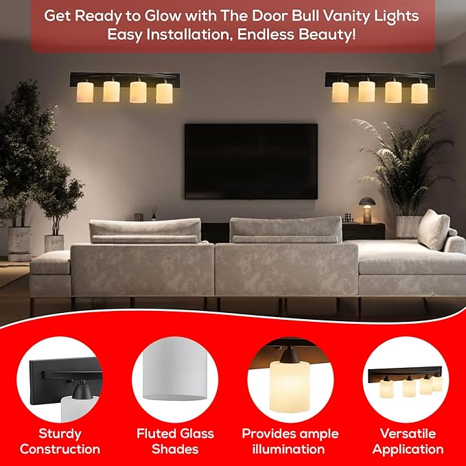 The Door Bull Modern 4-Light Bathroom Vanity Light – Oil Rubbed Bronze Fixture with Frosted Glass Shades, E26 Socket – Wall Sconce for Mirror, Bathroom, Kitchen, Hallway, Entryway