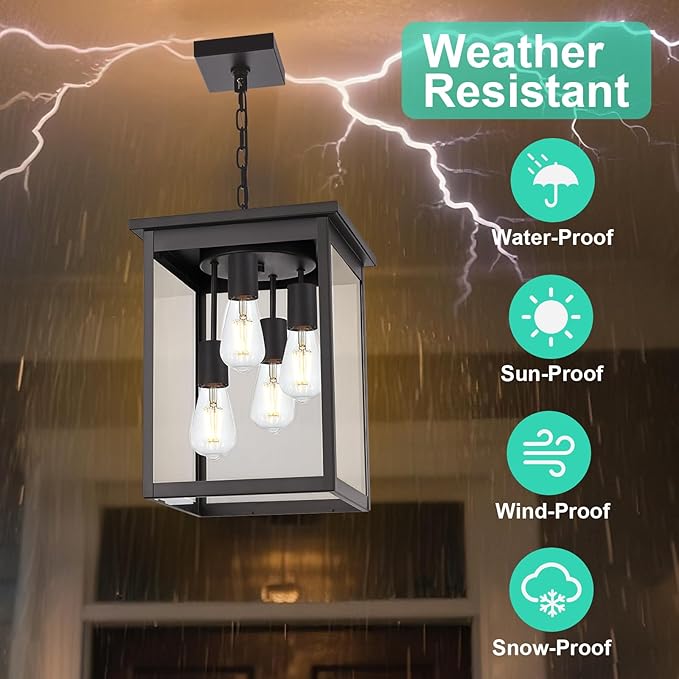 Yaohong 4-Lights Outdoor Pendant Light Fixture with Clear Glass, Oil Rubbed Bronze Farmhouse Exterior Ceiling Hanging Light Fixture with Adjustable Chain, Outdoor Hanging Lantern for Porch Entrance
