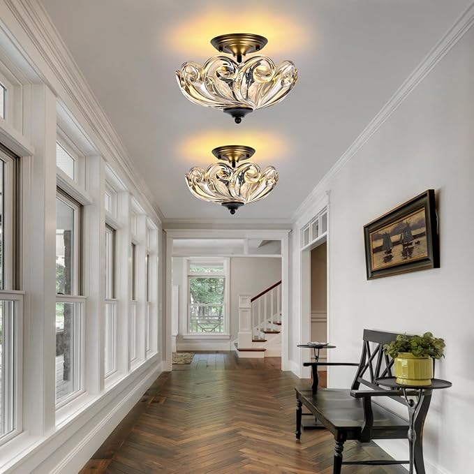 HuixuTe Modern Semi Flush Mount Ceiling Light, 3-Light Black Close to Ceiling Light Fixture with Cognac Glass Shade for Bedroom Living Room Entryway