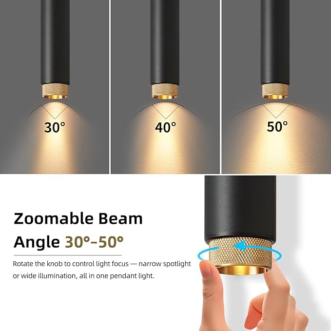 OKELI Modern Black LED Pendant Light for Kitchen Island, 1 Pack – Dimmable Zoomable Pendant, Adjustable Beam Angle, 3 Color Temps 2700K/4000K/6000K, Mini Hanging Light for Bar or Bedroom, 12W 11.8"