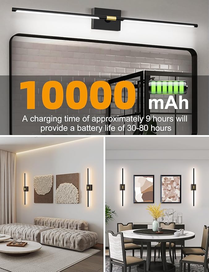 Battery Operated Wall Sconces Set of 2: 10000mAh Rechargeable Wall Lights, Easy Install 360° Rotate 3000K-6000K LED Wireless Wall Light Decor for Bedroom Living Room Hallway Picture Lighting Gallery